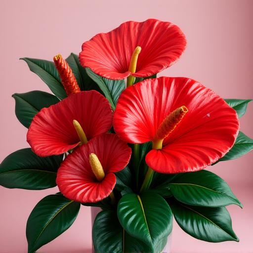 A modern bouquet featuring glossy red anthurium flowers.
