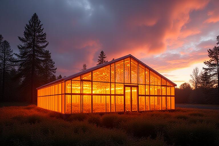 A Geyser Flora greenhouse glowing warmly at dusk.